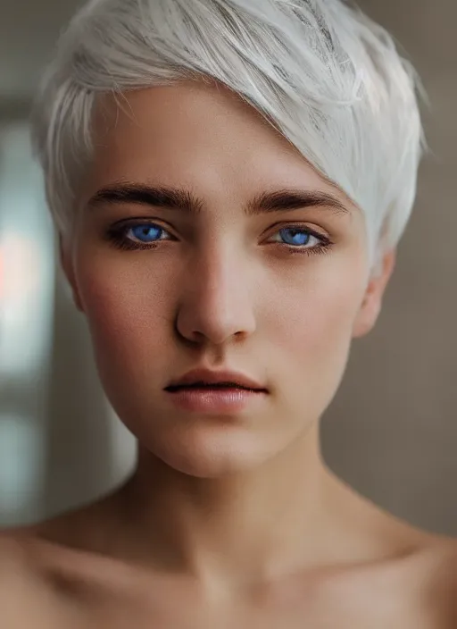 Image similar to a detailed photo of beautiful young woman, white hair, care haircut, brown eyes, symmetric face, radiant light, detailed and intricate environment