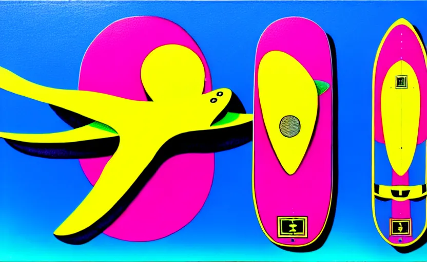 Image similar to flying skate boards by shusei nagaoka, kaws, david rudnick, airbrush on canvas, pastell colours, cell shaded!!!, 8 k