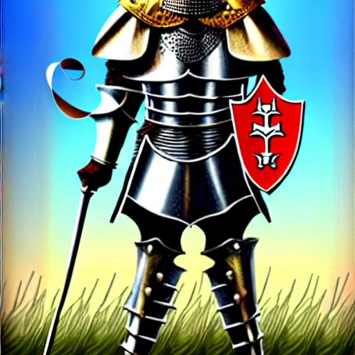 Image similar to full body!!!!!!, knights armor, donald trump, crown, donald trump's face!!!!!, detailed face, painting of a knight, boots, medieval castle background, valiant, concept art, by hans thoma