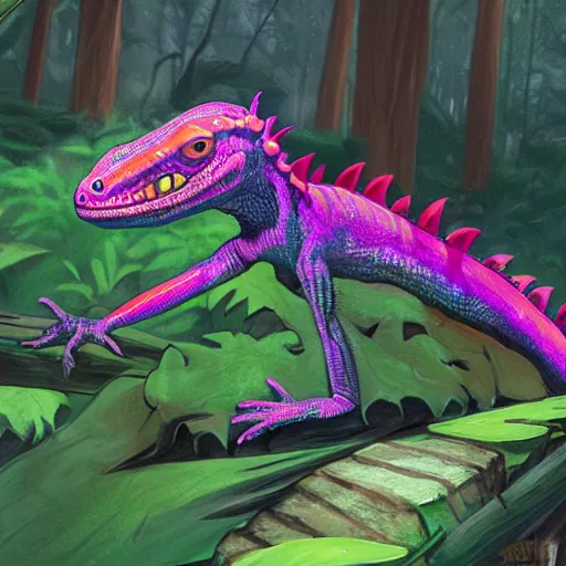 Prompt: concept art painting of an anthropomorphic humanoid lizard wearing magenta wizard robes, in the deep forest, realistic, detailed, cel shaded, in the style of makoto shinkai and greg rutkowski and james gurney