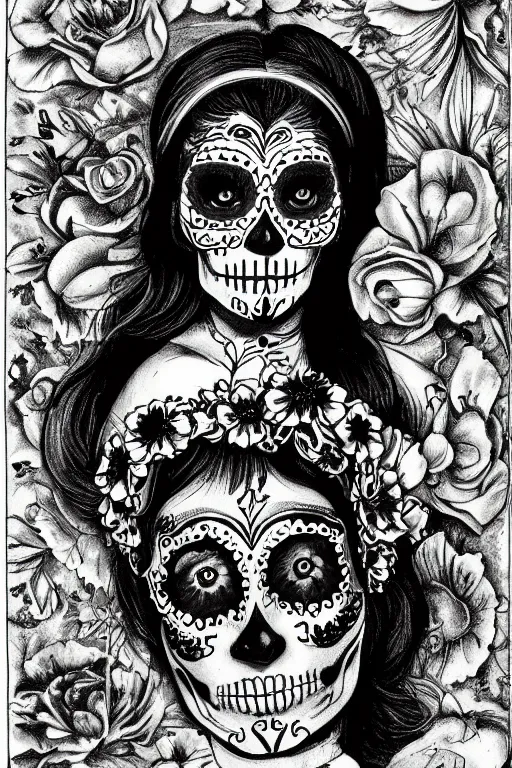 Prompt: illustration of a sugar skull day of the dead girl, art by michelangelo