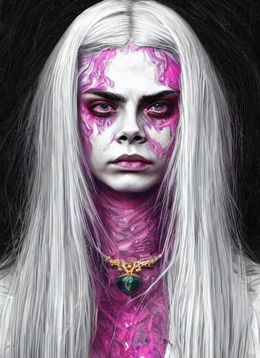 Image similar to Cara Delevigne, white hair, magenta shirt, gentle smile, beautiful detailed eyes, dirty, fantasy, intricate, rough, highly detailed, digital painting, 4k, HDR, concept art, detailed jewelry, smooth, sharp focus, illustration, art by Artgerm, H R Giger and Alphonse Mucha