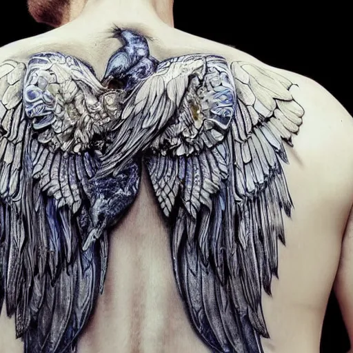 Prompt: man with cybernetic bird wings on his back, highly detailed, mega detailed, photo realistic,