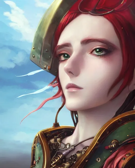 Image similar to a beautiful close up portrait 2D illustration of a young female steampunk pirate wearing leather armor on gold and red trimmings on green, by Charlie Bowater, tom bagshaw, Artgerm and Lois Van Baarle, beautiful anime face, very cool pose, pirate ship with an epic sky background, slightly smiling, cinematic anime lighting and composition, fantasy painting, very detailed, ornate, trending on artstation and pinterest, deviantart, google images