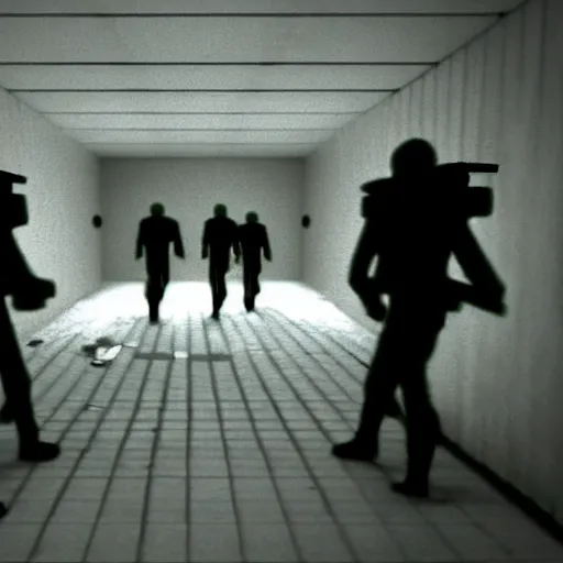 Image similar to cinematic award winning movie scene of scp - 0 9 6 escaping containment with mtf scp soldiers with guns aiming, dark creepy room, sharp focus, 8 k, realistic