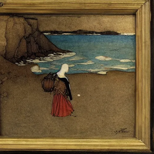 Image similar to a middle ages painting of a beach by john bauer