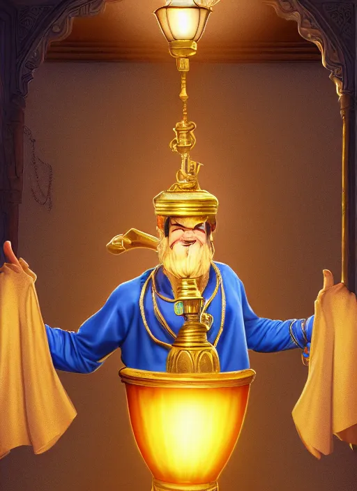 Image similar to genie coming out of his lamp in the middle of a palace . by AquaSixio, hyperrealistic illustration, digital art, 4k, very detailed faces