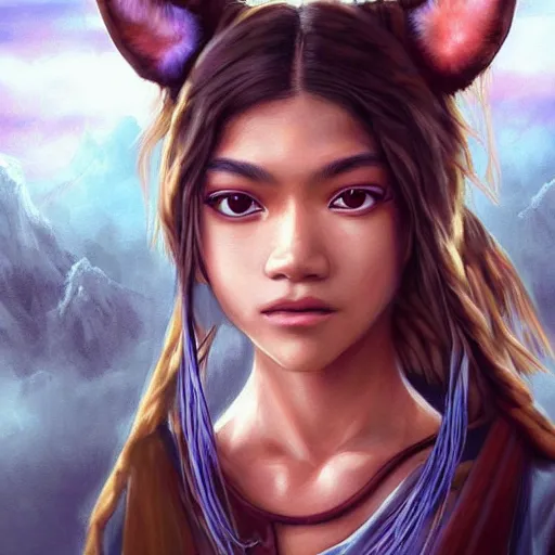 Image similar to “Zendaya, Mononoke-hime style, fantasy, photorealistic, concept Art, ultra detailed portrait, 4k resolution”