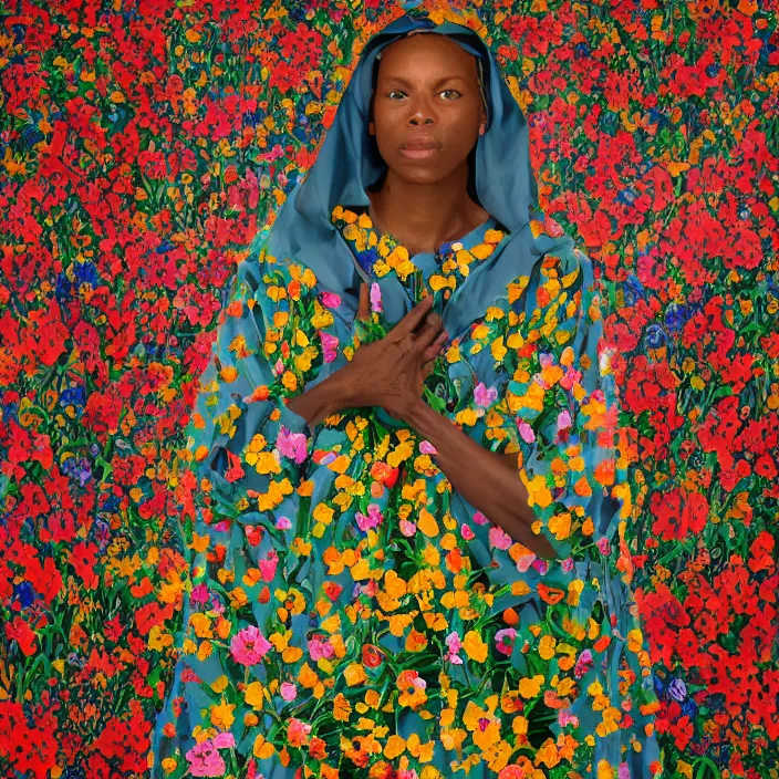 Prompt: a closeup portrait of a woman wearing a cloak made of plastic and mud, in an infinite landscape of flowers, photograph by kehinde wiley, canon eos c 3 0 0, ƒ 1. 8, 3 5 mm, 8 k, medium - format print