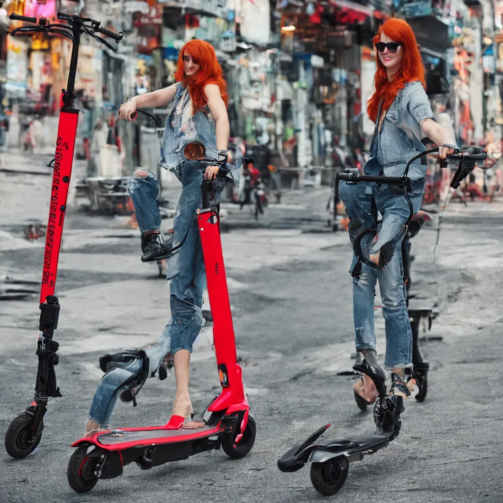 Prompt: redhead woman bellow electric scooter on neon street