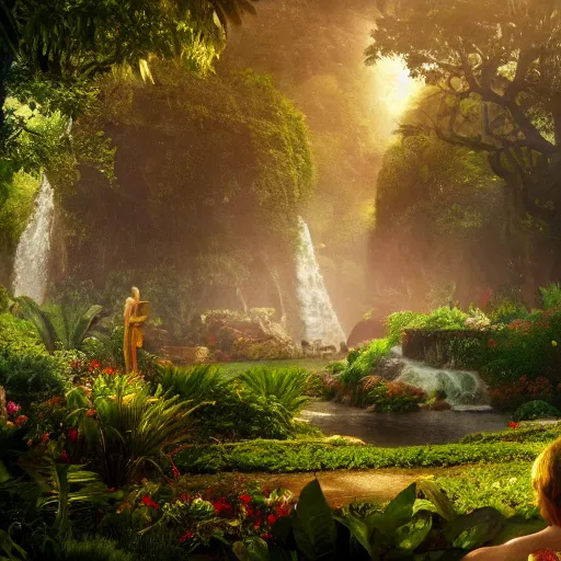 Prompt: the garden of eden, realistic 8 k professional photography, midday lighting, defiant, octane, volumetric lighting, 7 0 mm,