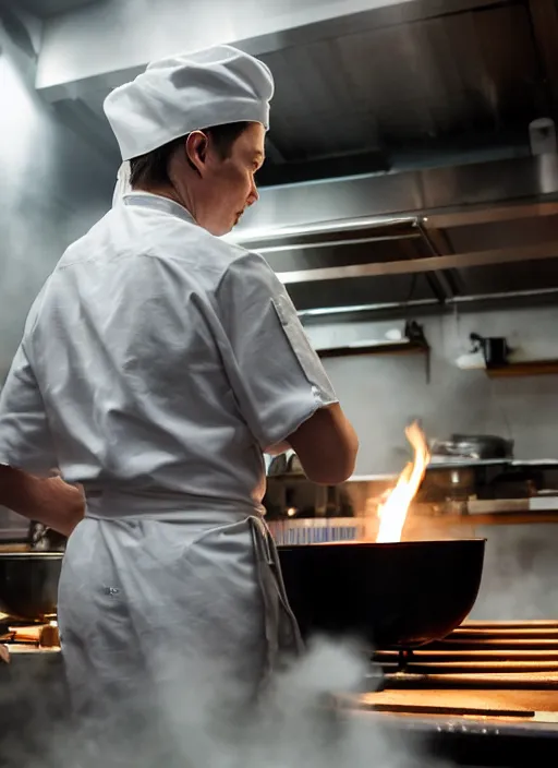 Prompt: a 2 8 mm macro photo from the back of a yakitori chef elon musk cooking in a commercial kitchen, splash art, movie still, bokeh, canon 5 0 mm, cinematic lighting, dramatic, film, photography, golden hour, depth of field, award - winning, anamorphic lens flare, 8 k, hyper detailed, 3 5 mm film grain