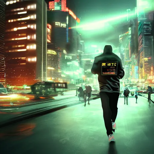 Image similar to people running away scared from bitcoin, cyberpunk art, ultrarealistic, 8k