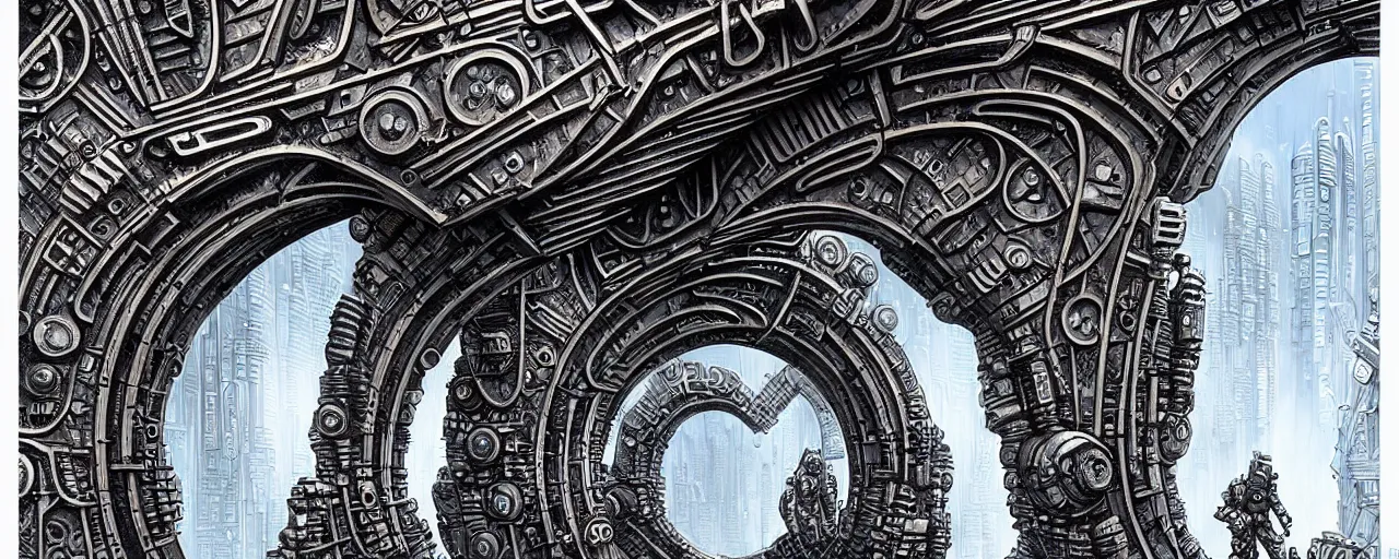 Image similar to a double helix dna cyberpunk steampunk stone carved archway corner, details, lineart, by vincent di fate and joe fenton, inking, screen print, masterpiece, trending on artstation, sharp, high contrast, hyper - detailed, ultrawide, hd, 4 k, 8 k