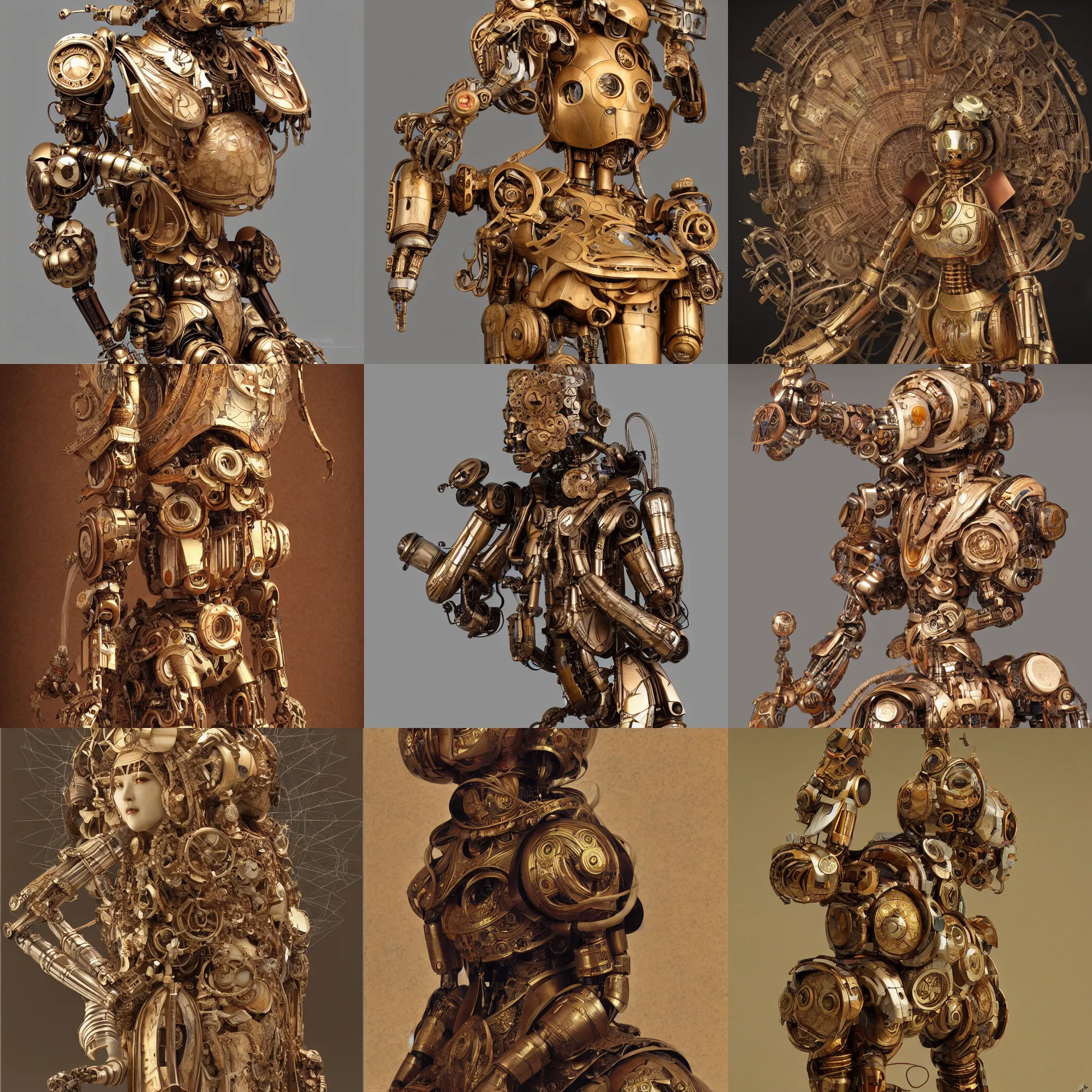 Prompt: octane render ultra photorealistic hyper detailed, intricate a very very sculpture cute wooden and ceramic mystical statue robot of the roman organiquecyberpunk a contemporary art gallery in neo tokyo artwork alphonse mucha and wlop and chamberlain john