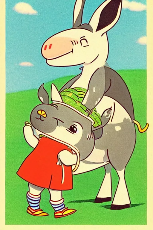 Image similar to by richard scarry. happy donkey. a 1 9 5 0 s retro illustration. studio ghibli. muted colors, detailed