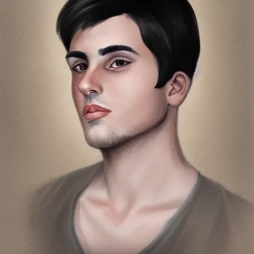Prompt: a digital portrait of a 25 year old with black hair,hazel green eyes, drawn in the style of mark Arian