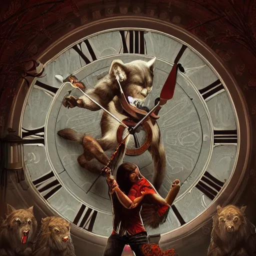 Image similar to a wlop 3 d render of a vampire fighting a werewolf in front of a giant clock face, intricate, extremely detailed, digital painting, artstation, concept art, smooth, sharp focus, illustration, intimidating lighting, incredible art