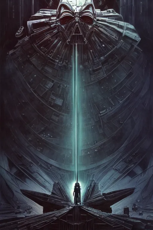 Image similar to platonic ideal star wars, malignant dieselpunk god complex dementor wild hunt chtulu nazgul mandelbulb fantasy, ego death, detailed, darth vader, action pose!!, intricate, volumetric lighting, hyperrealism, intense, scary, decay, artgerm, davinci, ralph mcquarrie, alphonse mucha, poster,