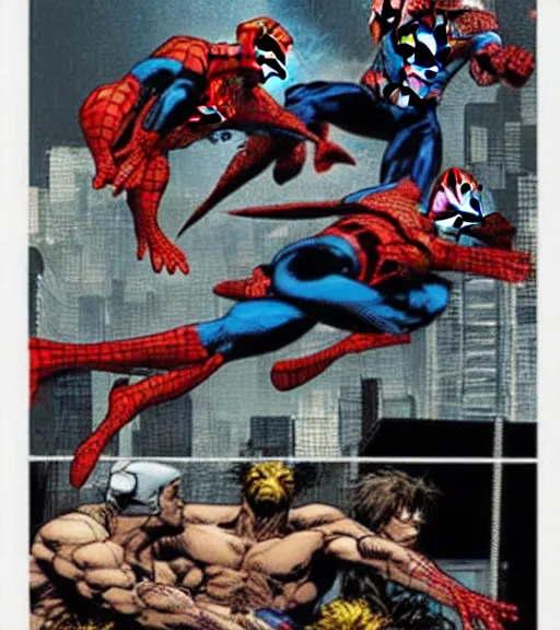 Prompt: a scene of spider - man wrestling a bear, comic book art, by yoji shinkawa and takehiko inoue and kim jung gi, masterpiece, perfect