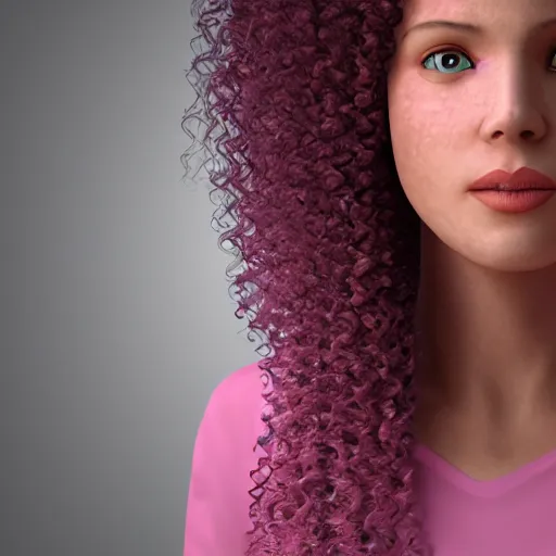 Image similar to a pink woman with long curly hair, realistic, 8k,