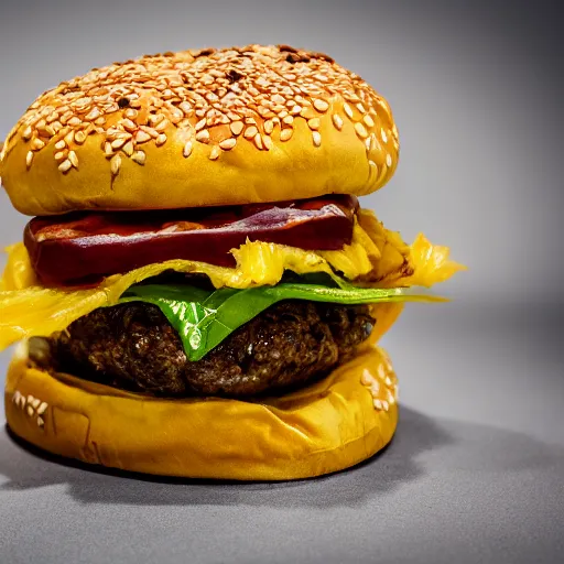 Image similar to juicy hamburger with crispy buns topped with pineapple, 8 k resolution, food photography, studio lighting, sharp focus, hyper - detailed