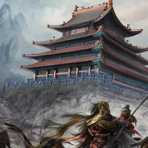 Image similar to dynamic composition, motion, ultra-detailed, incredibly detailed, a lot of details, amazing fine details and brush strokes, colorful and grayish palette, smooth, HD semirealistic anime CG concept art digital painting, watercolor oil painting of epic castle gate, from Three Kingdoms, by a Chinese artist at ArtStation, by Huang Guangjian, Fenghua Zhong, Ruan Jia, Xin Jin and Wei Chang. Realistic artwork of a Chinese videogame, gradients, gentle an harmonic grayish colors.