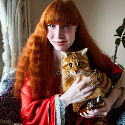 Image similar to a stunning hyper-detailed closeup portrait photo of a slender beautiful smiling woman with long ginger hair and bangs, wearing a luxurious silk robe, wearing headphones and posing with her large ginger tabby cat and her raccoon and parrots in an overstuffed easy chair in her sunlit victorian living room, holding a porcelain parrot-shaped coffee mug and a donut, perfect eyes, fashion photography, octane render, unreal engine, 85 mm lens,