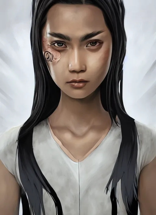 Prompt: An epic fantasy comic book style portrait painting of a young Malaysian woman, expressive, dark piercing eyes, staring at the viewer, tomboy, flat face, pouting, tan skin, beautiful futuristic hair style, monochromatic striped tank top with long sleeves, bare midriff, unreal 5, DAZ, hyperrealistic, octane render, cosplay, RPG portrait, dynamic lighting