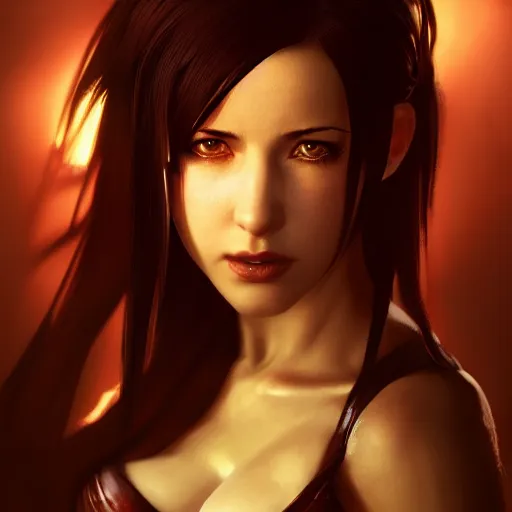 Prompt: Seductive Tifa Lockhart portrait, full frontal centred, atmospheric lighting, painted, intricate, volumetric lighting, beautiful, golden hour, sharp focus, ultra detailed, by Leesha Hannigan, Ross Tran, Thierry Doizon, Kai Carpenter,Ignacio Fernández Ríos