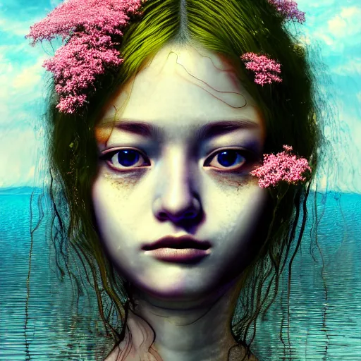 Image similar to prompt: Fragile looking vessel portrait face drawn by Katsuhiro Otomo, beautiful girl in lake with shining face octane 3d render super detailed, nymph in the water performing alchemy, small flowers and cables and wire around and on the side with artifacts and ancient book, intricate oil painting, high detail, Neo-expressionism, gnarly details