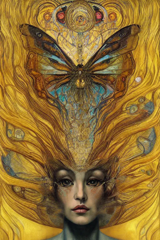 Image similar to Metamorphosis by Karol Bak, Jean Deville, Gustav Klimt, and Vincent Van Gogh, transformation portrait, chimera, visionary, cicada wings, otherworldly, fractal structures, ornate gilded medieval icon, third eye, hybrid, fusion, change, spirals, horizontal symmetry