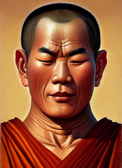 Prompt: smart tai buddhist monk, sukothai, closeup portrait, without eyebrows, historical hero, ethnic group, tai costume, intricate, elegant, loin cloth, highly detailed, oil painting, artstation, concept art, matte, sharp focus, illustration, hearthstone, art by earl norem