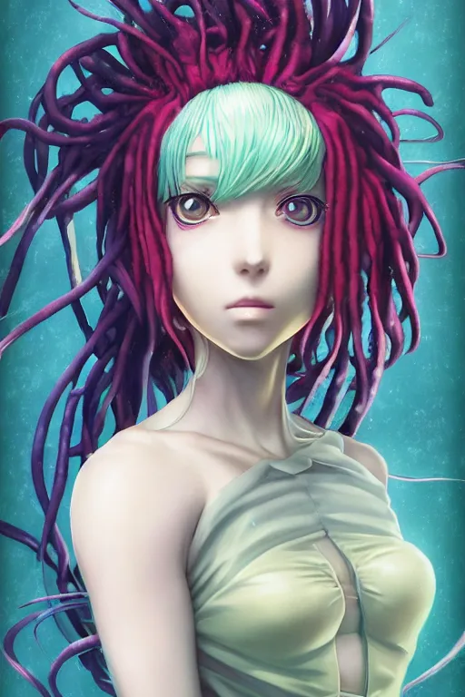 Image similar to portrait of an anime manga girl with green snake dreads, straight on, by artgerm, james jean, tom bagshaw, gerald brom, vaporwave colors, lofi colors, vaporwave, lofi, goth vibe, 4 k, smooth, hd, substance designer render, full body character concept art, symmetrical,