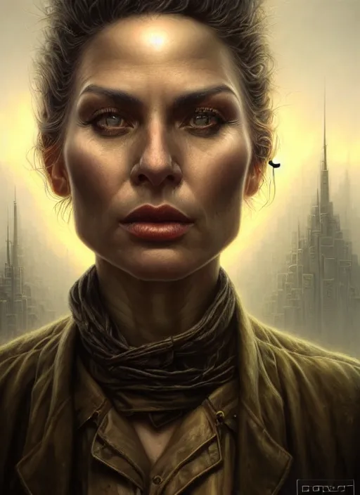 Image similar to closeup portrait shot of a detective in a scenic dystopian environment, intricate, elegant, highly detailed, centered, digital painting, artstation, concept art, smooth, sharp focus, illustration, artgerm, tomasz alen kopera, peter mohrbacher, donato giancola, joseph christian leyendecker, wlop, boris vallejo