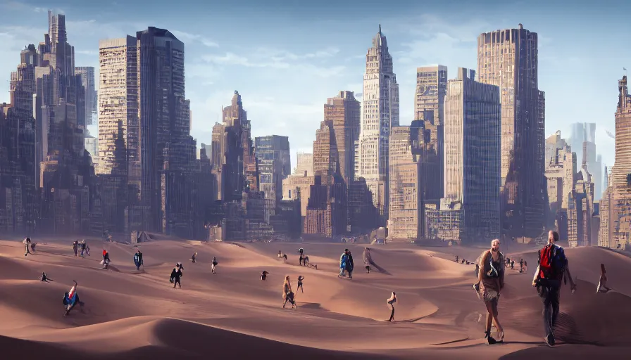 Image similar to new york city under tons of sans, sand dunes, people walking, heat wave, hyperdetailed, artstation, cgsociety, 8 k