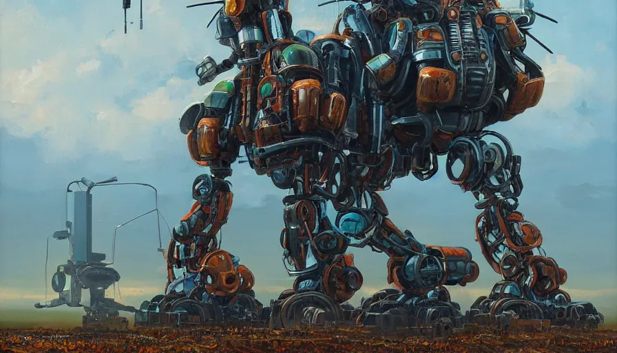 Image similar to an intricate oil painting of a giant scrap metal anime combine harvester humanoid mecha with rounded components by simon stalenhag