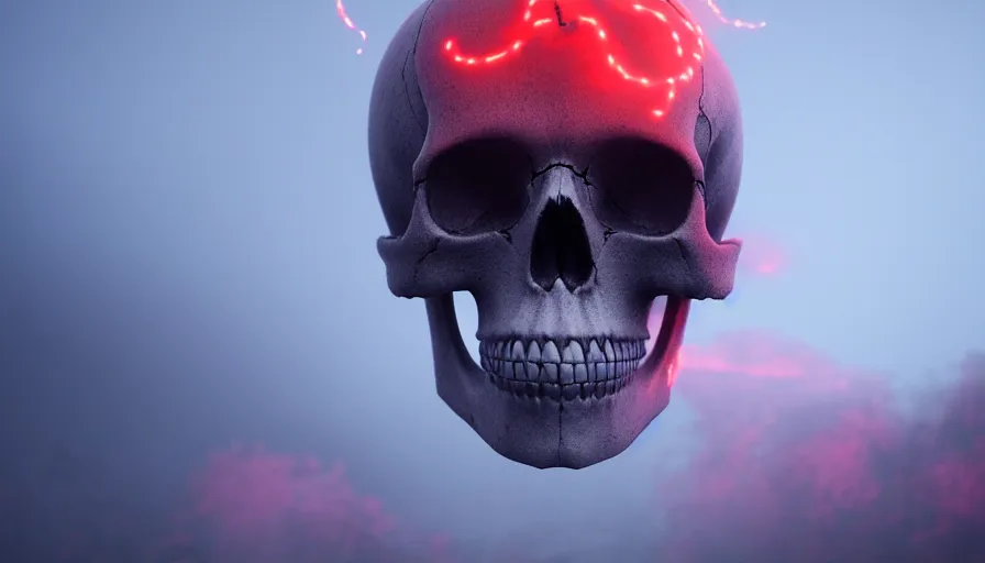 Image similar to Photorealistic Skull covered in thin red strings Surrounded by thick fog and puffy magical clouds that glow from lights in the distance, volumetric lighting, haze, atmosphere, magical lighting, digital art, wallpaper, octane, redshift, creepy, shallow depth of field