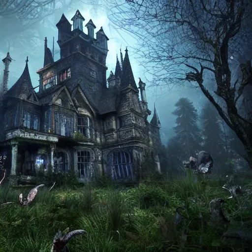 Image similar to overgrown victorian spiderwick abandoned castle, highly detailed, crystal lighting, mystical, ancient forest, hyperrealistic, 4 k, unreal engine, highly detailed, dramatic lighting, magical, beautiful,