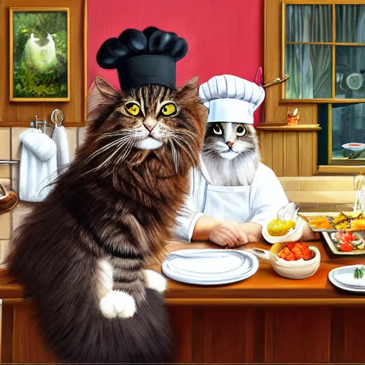 Prompt: oil painting portrait of a long haired fluffy cat wearing chef hat and apron with restaurant kitchen background digital art, concept art, highly detailed, 3-D 4k, trending on art station, Mark Brooks,