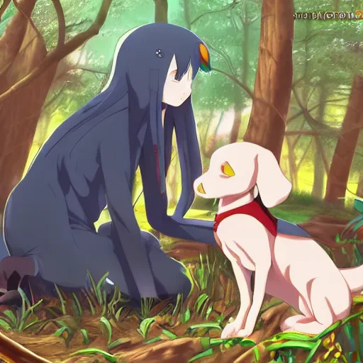 Image similar to Rem from Zero Two petting a dog in the forest. Beautiful anime lush forest background. Golden hour. Trending on art station