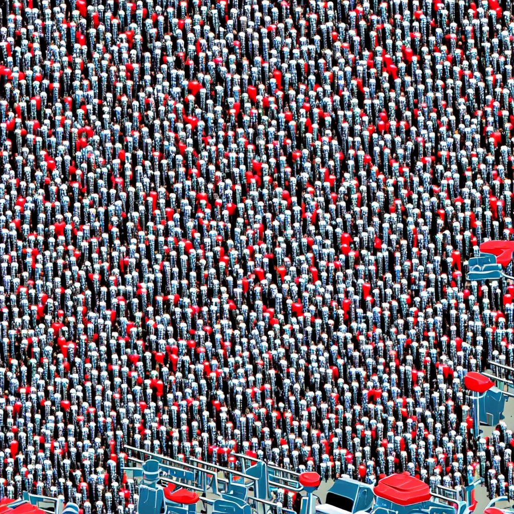 Image similar to top down where's waldo with lots of robots and one human