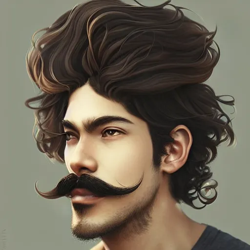 Prompt: Portrait of man with Tousled Curls type hair and Brown Indonesian-type skin, with round face and mustache, atmospheric lighting, intricate detail, cgsociety, ambient light, dynamic lighting, anime style by Yusuke Kozaki