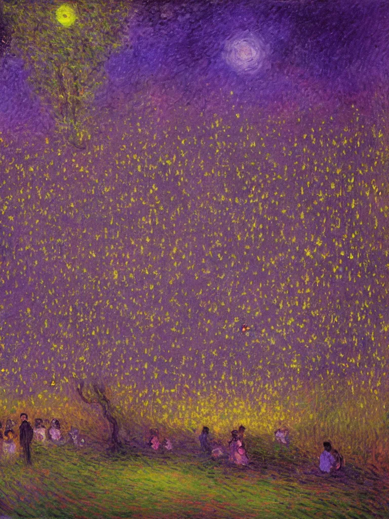 Prompt: gauzy twilight impressionist painting of fireflies in my backyard with an old apple tree waving to the left in a purple cast with people! dancing in the moonlight, very dark, intense purplish color oil painting by claude monet and piet mondrian, cosmic trending on artstation 8 k