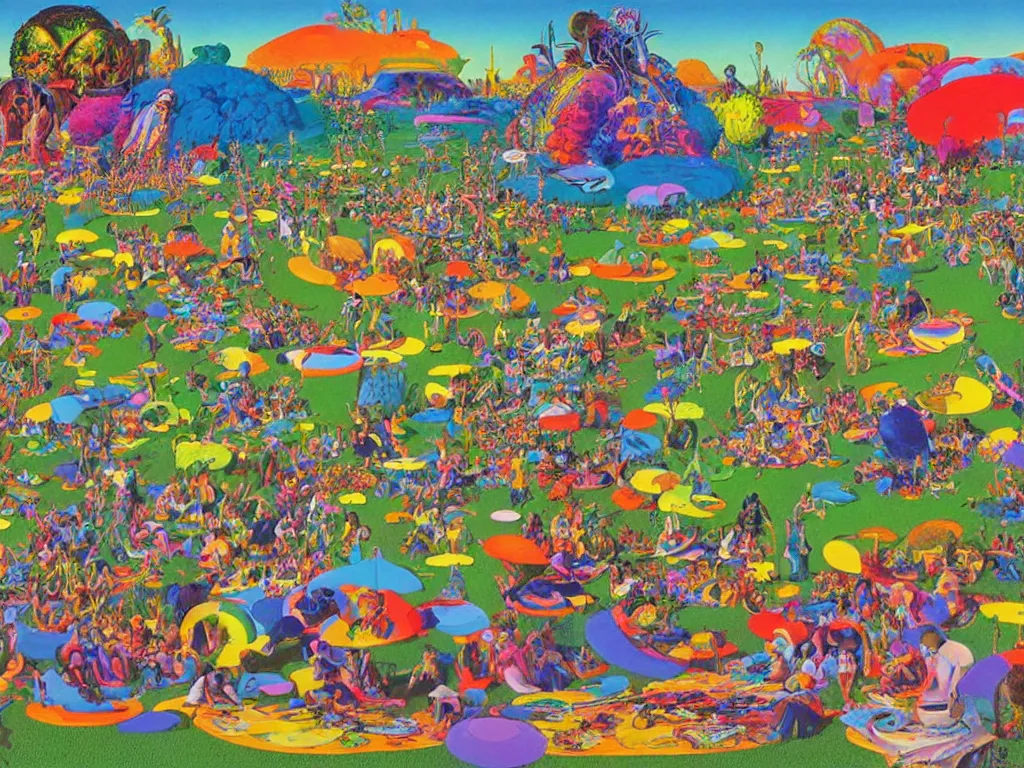 Image similar to a beautiful view of a groovypunk gathering in a public park, art by ron walotsky and peter max and roger dean