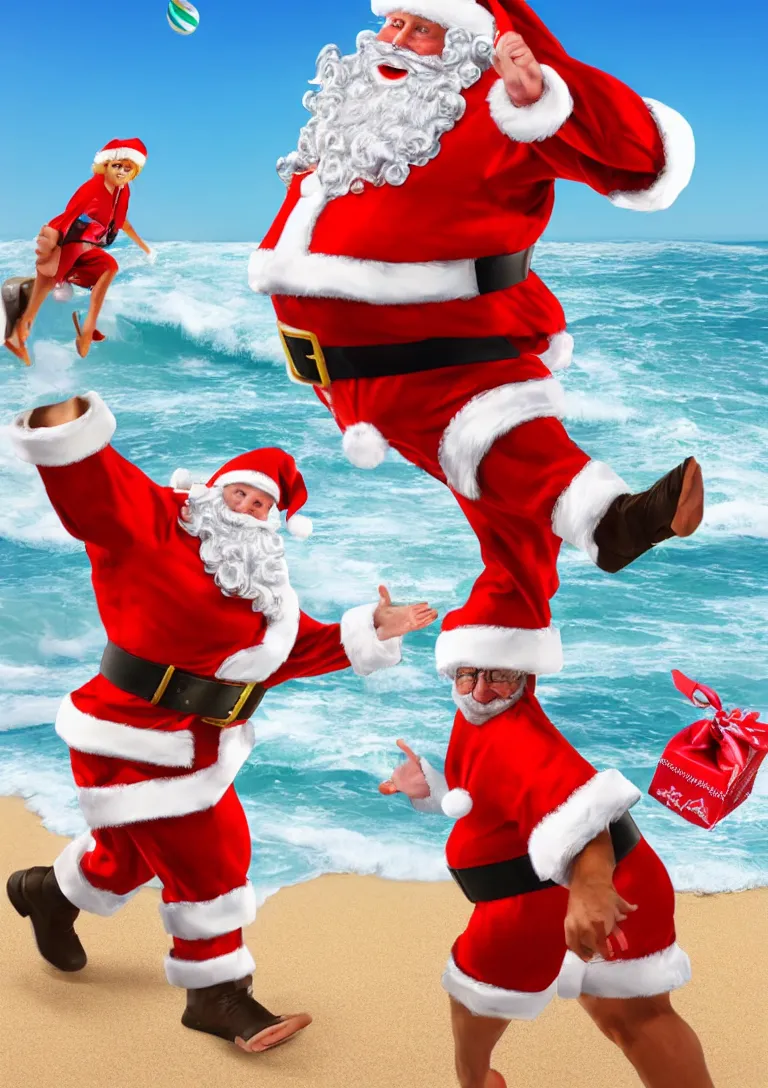 Prompt: santa claus wearing shorts surfing on the beach, 3d rendering of photo realistic image, super detailed, 4K,cinematic look