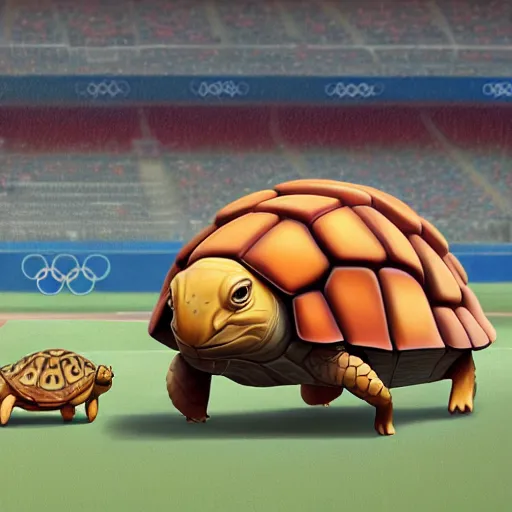 Prompt: goro fujita ilustration of a hare and a tortoise in a race in an olympic stadium, painting by goro fujita, sharp focus, highly detailed, artstation