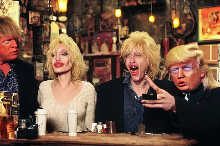 Image similar to Angelina Jolie, boris johnson, The Alien from the movie 'Alien', dolly parton, donald trump are best friends, drinking shots of tequila and snorting cocaine, central perk coffee shop, still photo, hyperrealistic, 35mm, 8k, by weta digital