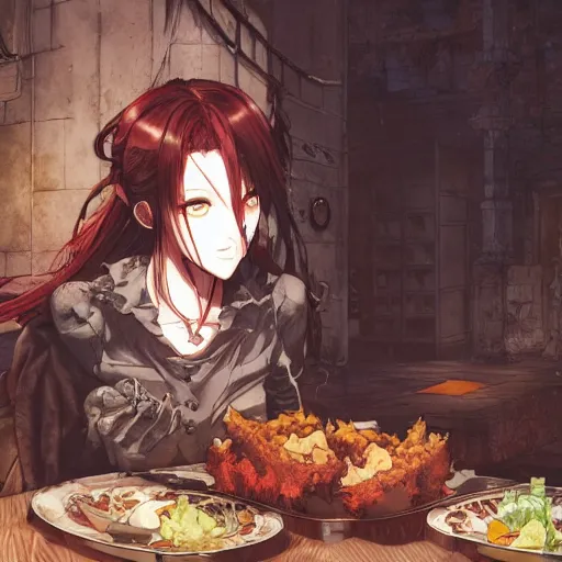 Image similar to goth woman eating dinner color page, tankoban, 4 k, tone mapping, akihiko yoshida, james jean andrei riabovitchev marc simonetti, yoshitaka amano, long hair, curly, h. hydrochaeri