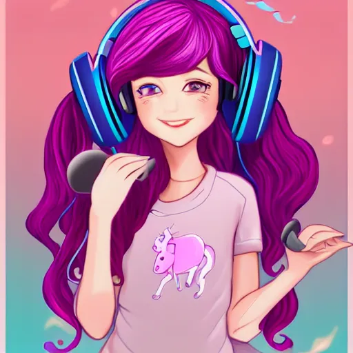 Image similar to !dream very very very beautiful pink gamer girl wearing headphones with a unicorn horn coming out of her head standing in a pink girls room, full body portrait, eye contact, smiling, perfect face, perfect body, extreme long shot, drawn by artgerm